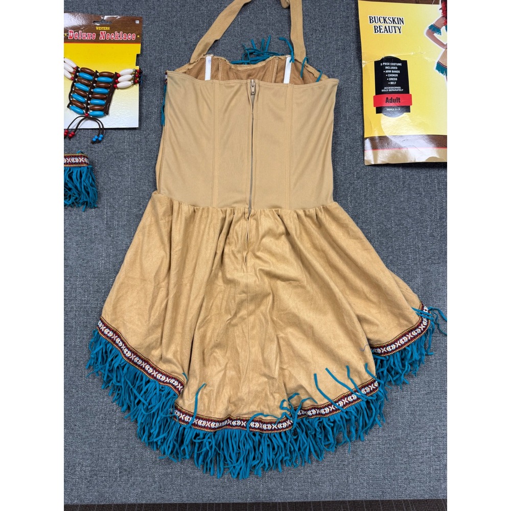 Buckskin Beauty Adult Costume Set Tan Turquoise Fringe Dress Necklace Small 2-4 - Picture 8 of 8